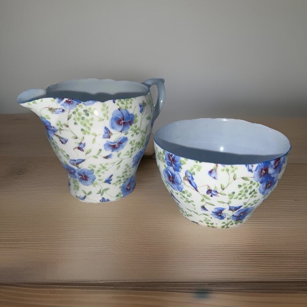 SHELLEY BLUE PANSY CHINTZ 14266 Mini Creamer & Sugar Bowl (Blue Trim) RARE